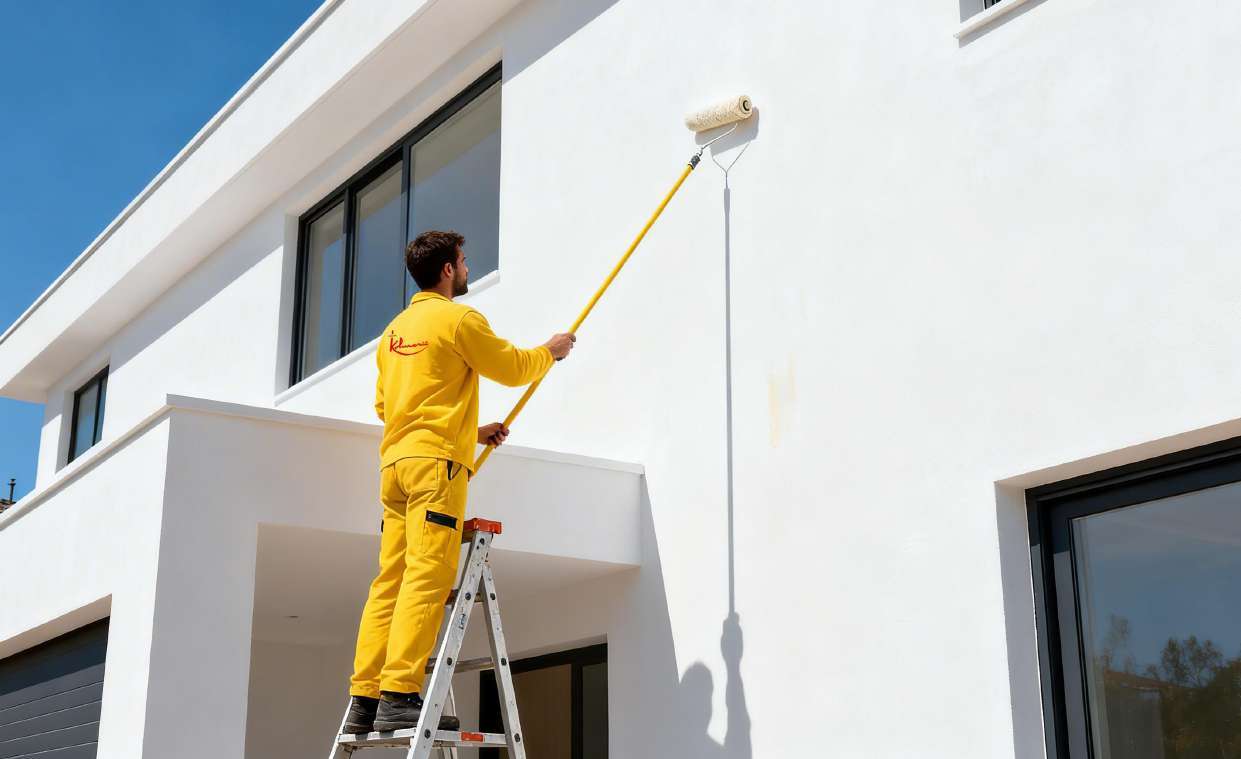 Aplicación de pintura sobre una fachada blanca; fotografía de la tarifa Kolmer